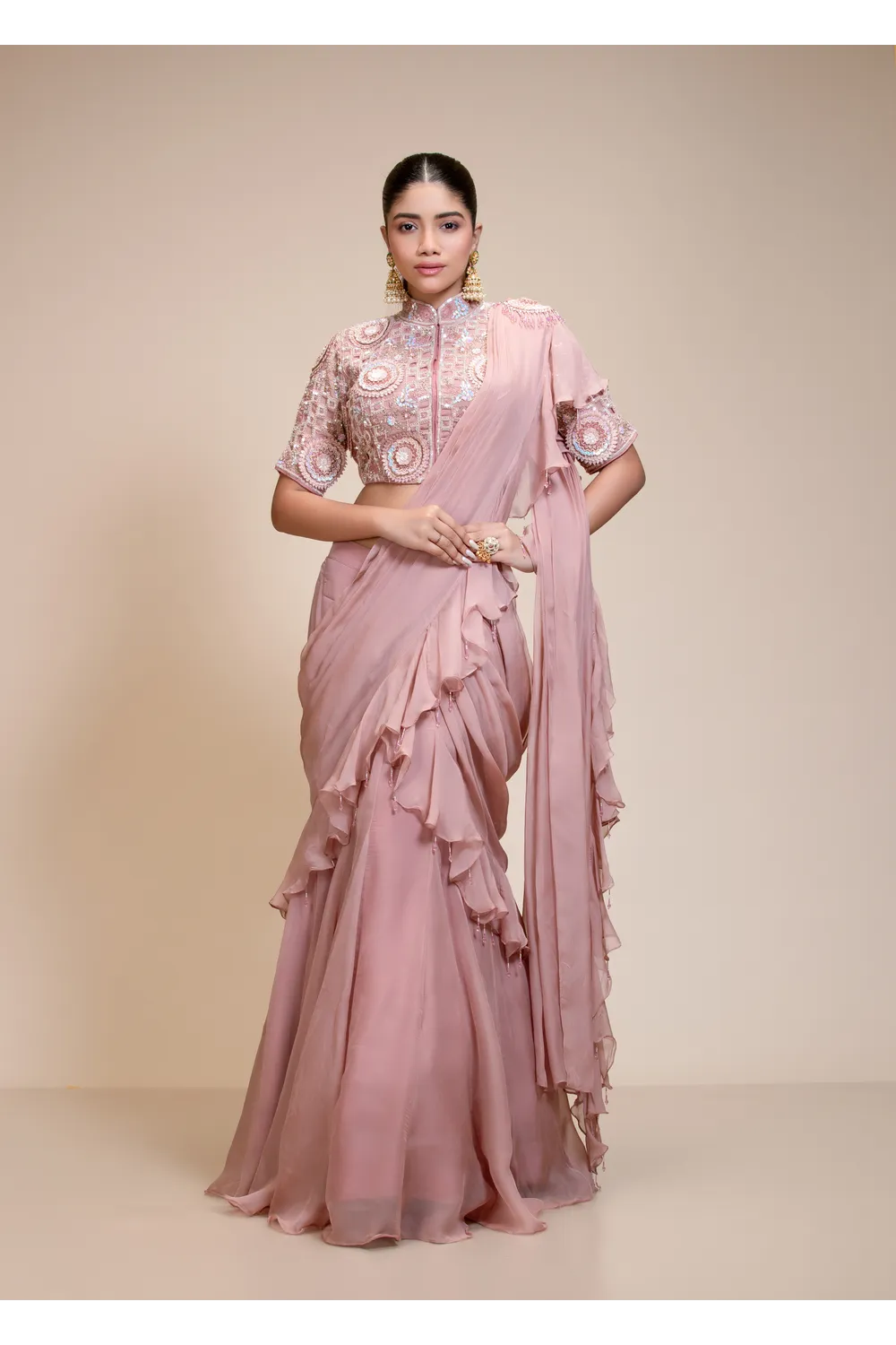 Mauve Ruffled Saree with High Neck Blouse – Elegant Embroidery — view 1 of 6