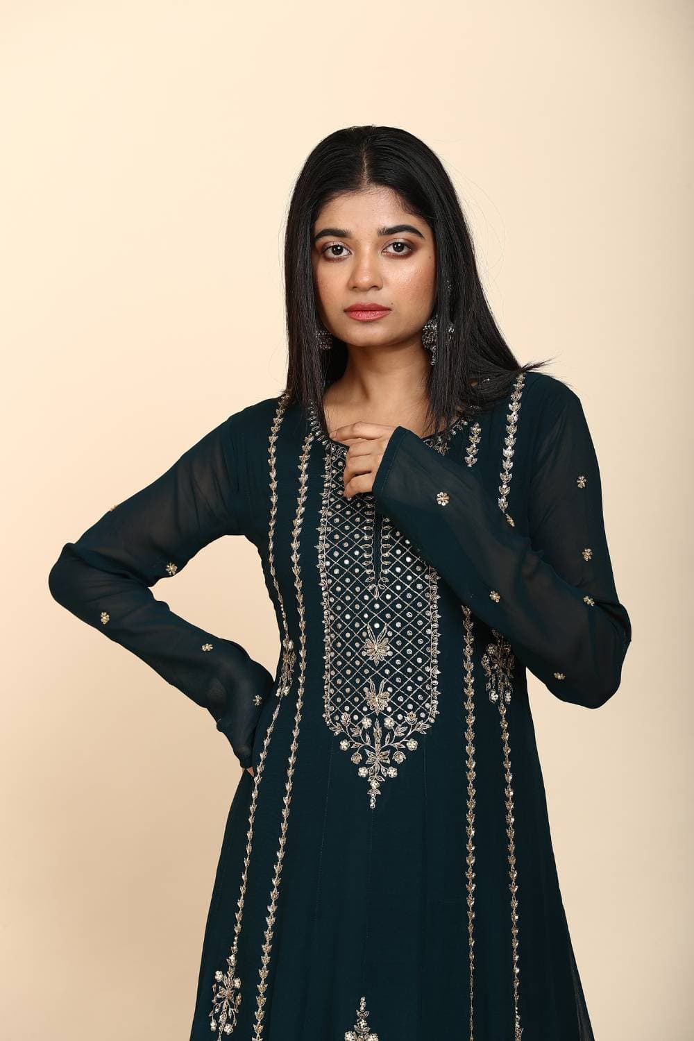 Teal blue Anarkali suit in georgette stripe design — view 1 of 3