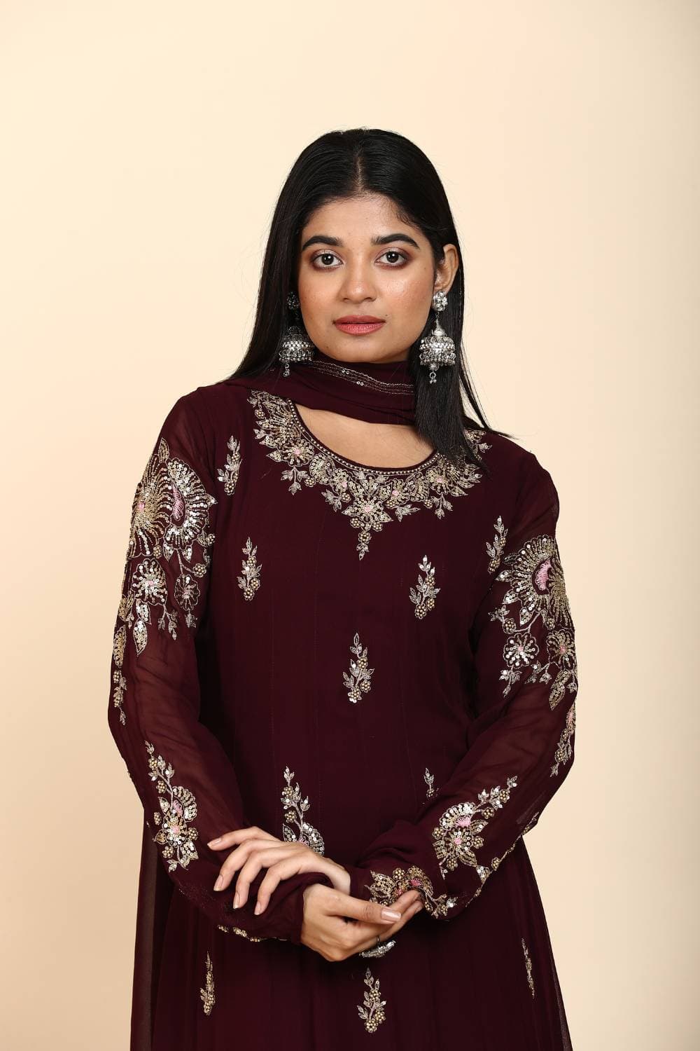Mulberry purple Anarkali suit in georgette with antique zari sequins work — view 1 of 4