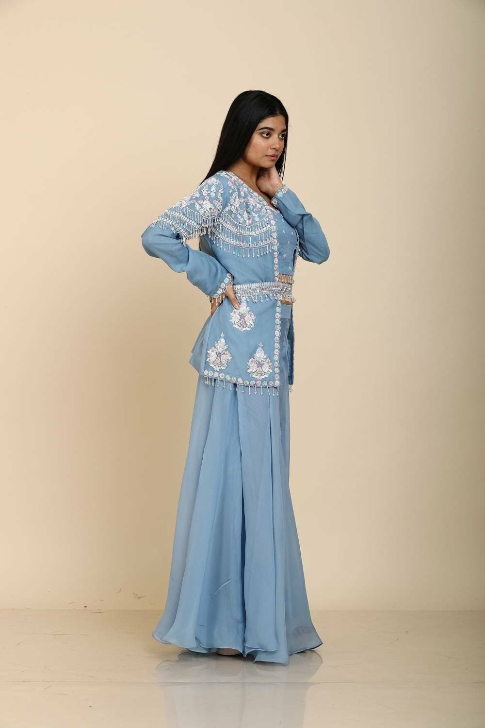 Ice Blue Organza Jacket and Palazzo Set with Belt — view 1 of 4