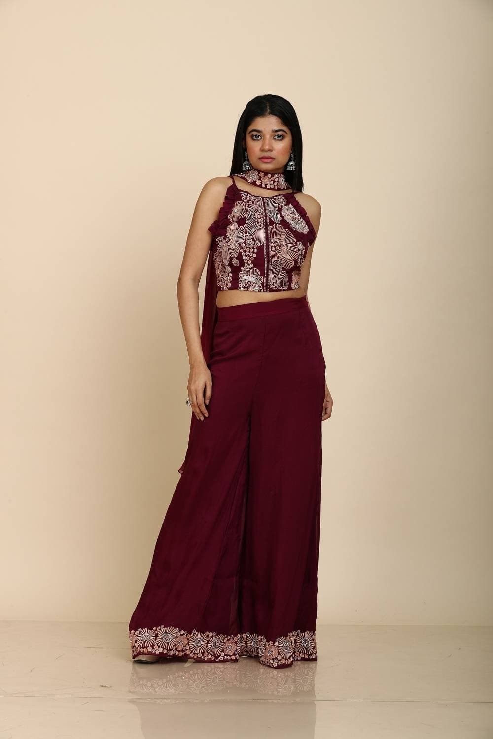 Indo Western Wine Resham Embroidery Top with Palazzo Dupatta — view 1 of 4