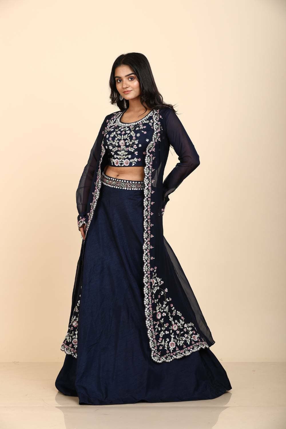 Elegant Blue Organza Jacket Skirt Blouse with Colourful Sequins Floral Design — view 1 of 4