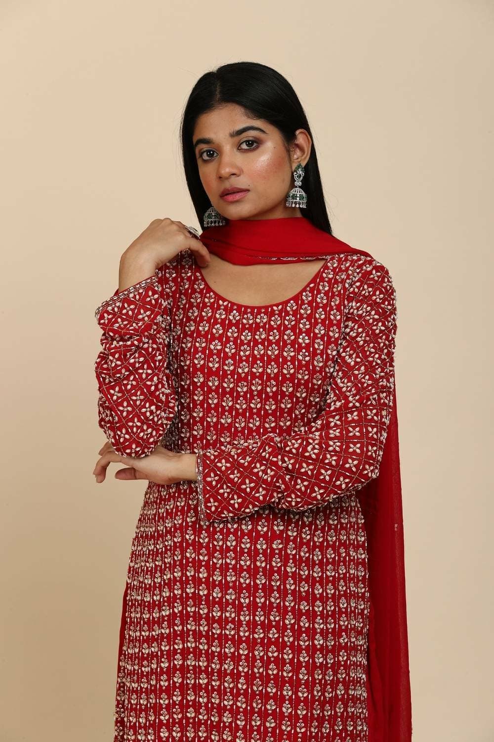 Red Heavy Embroidery Moti Work Sharara Set — view 1 of 4