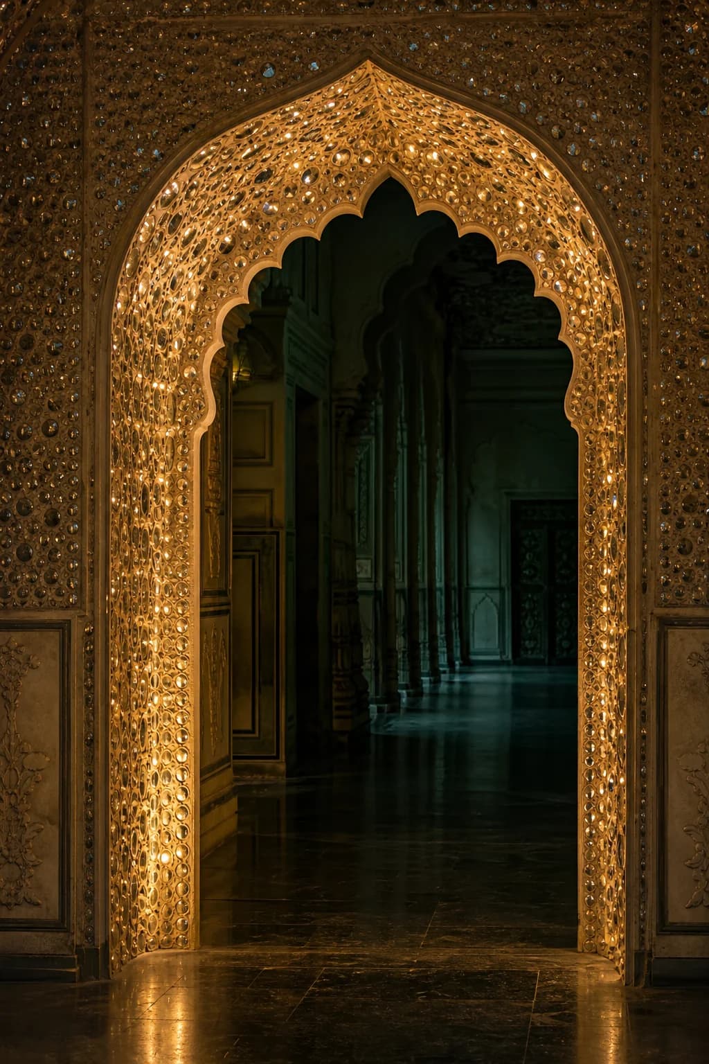 A carved arch inlaid with mirror work, lit softly at blue hour