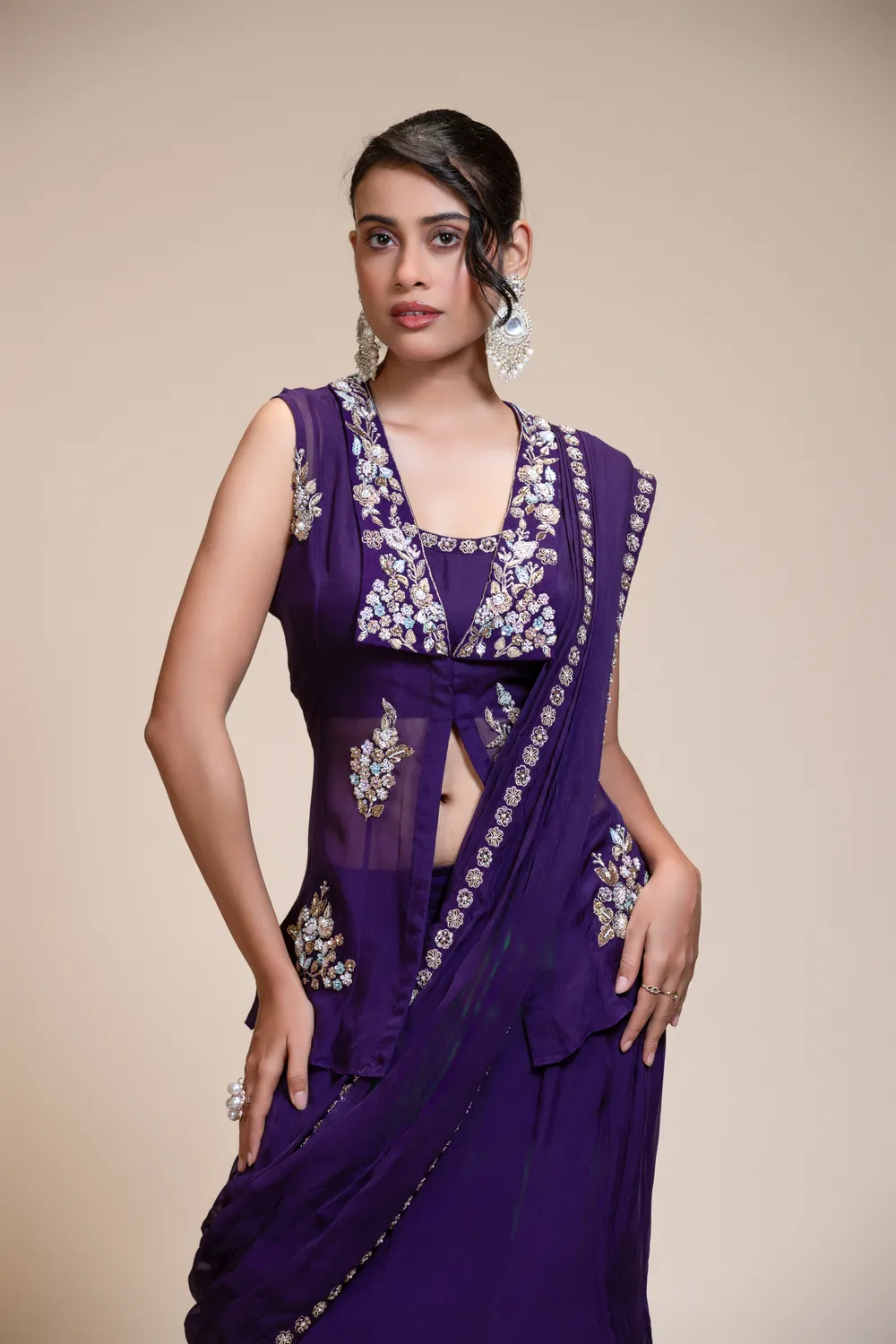 Violet Drape Saree with Embroidered Peplum Top — view 1 of 6