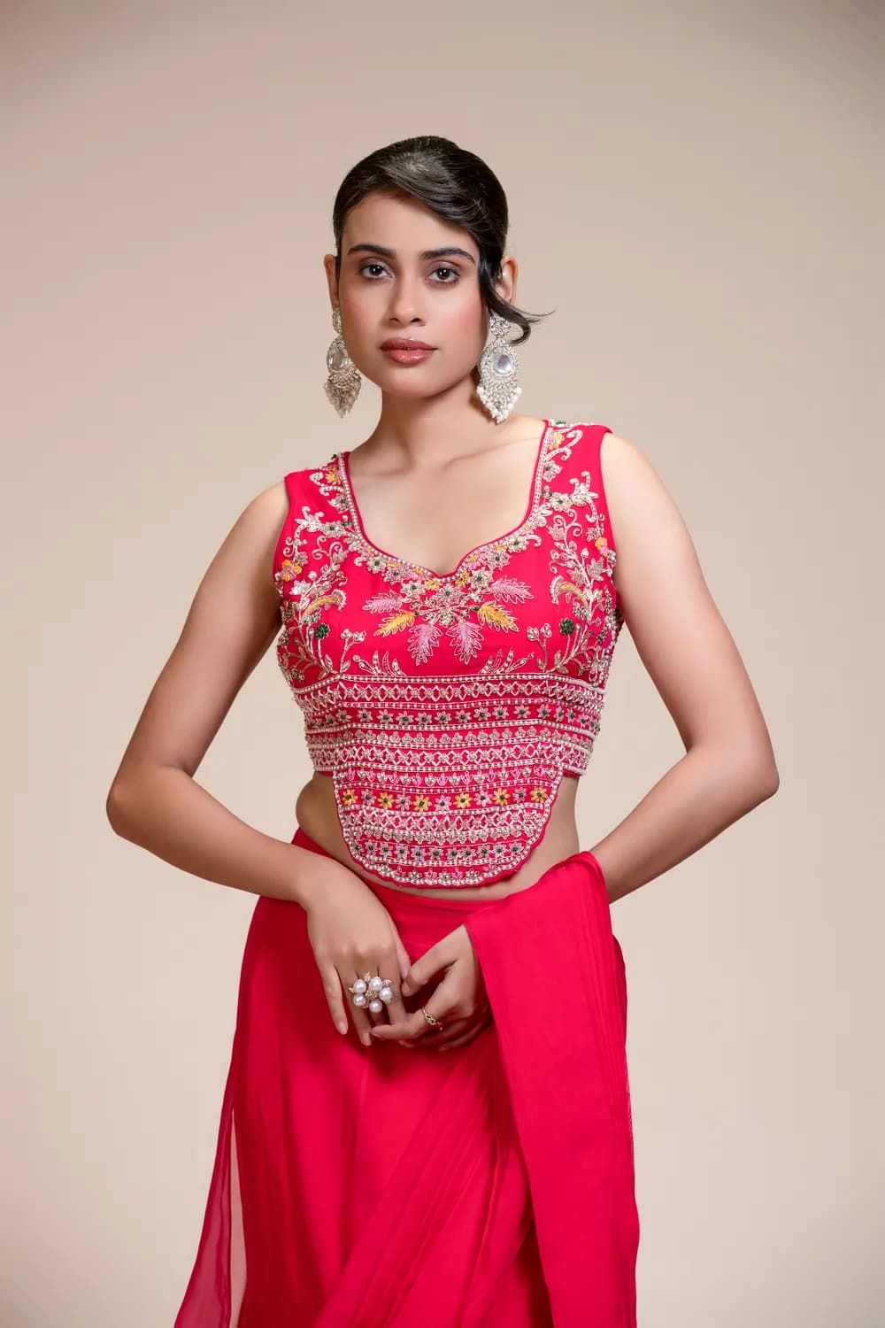 Rani Pink Drape Saree with Multi-Colour Embroidered Blouse — view 1 of 6
