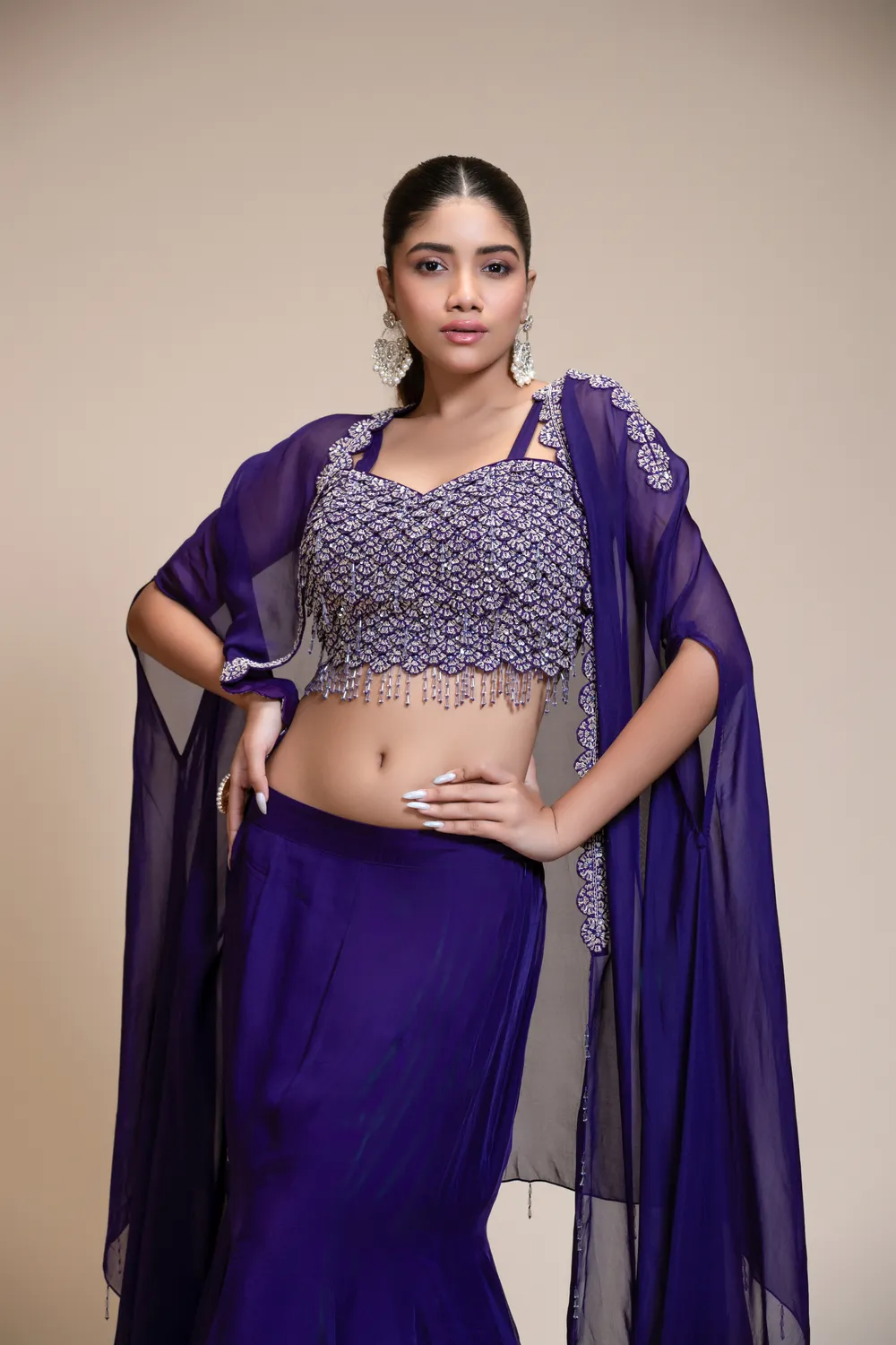 Royal Purple Mermaid Skirt with Embellished Crop-Top & Cape — view 1 of 6