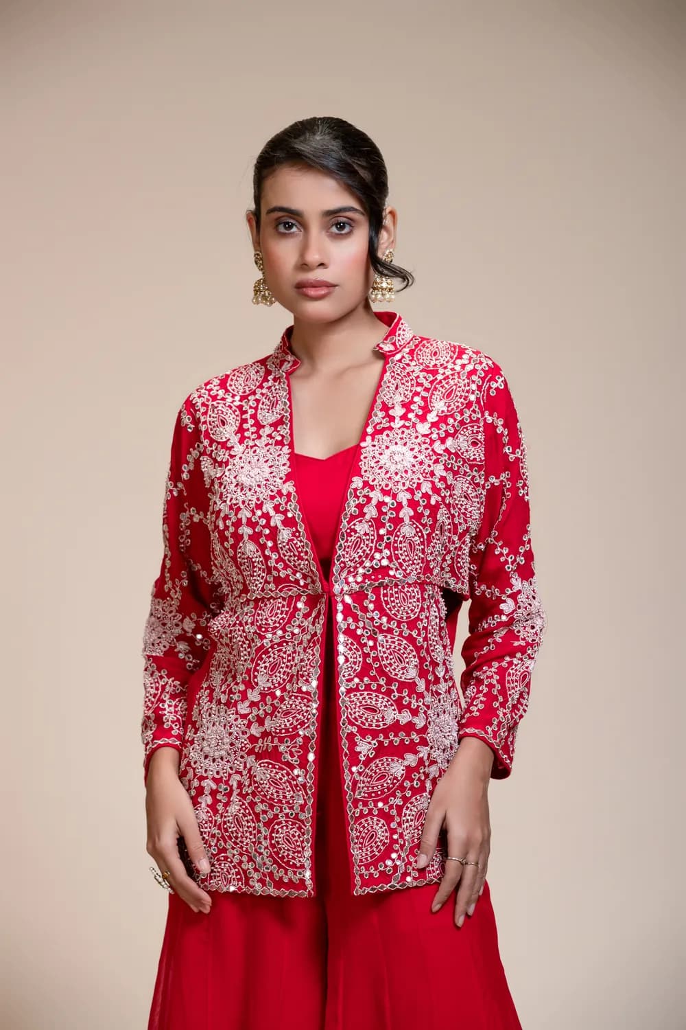 Red Palazzo Set with Heavily Embroidered Open Organza Jacket — view 1 of 6
