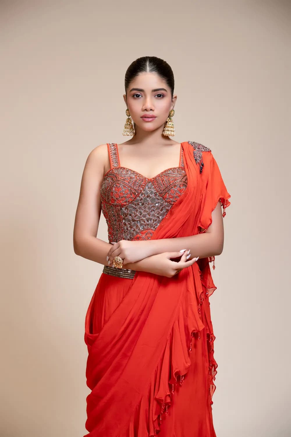 Rust Ruffled Drape Saree with Metallic Aari Work — view 1 of 6