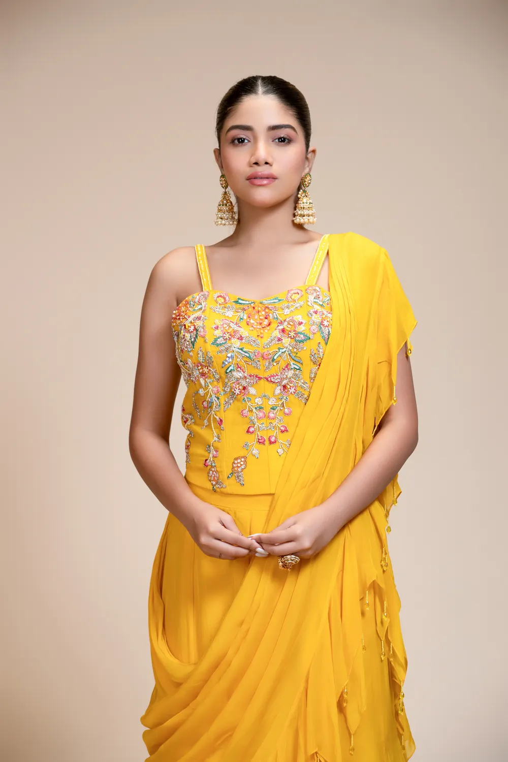 Yellow Ruffled Saree with Resham Work Spaghetti Blouse — view 1 of 6
