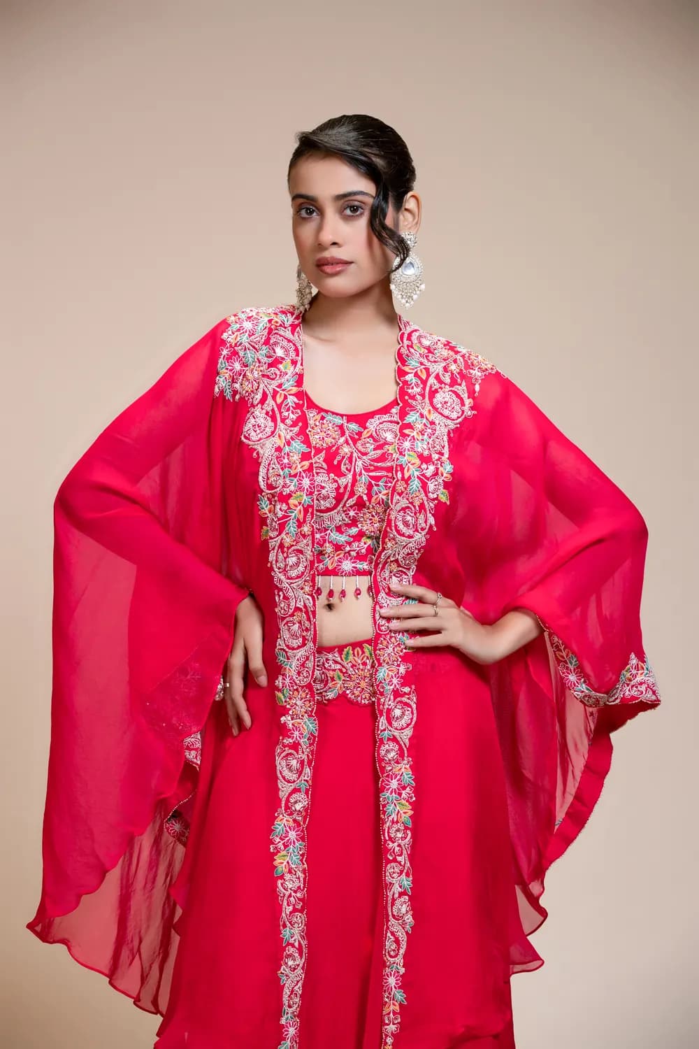 Rani Pink Lehenga Skirt With Crop Top & Cape – Embroidered Organza — view 1 of 6