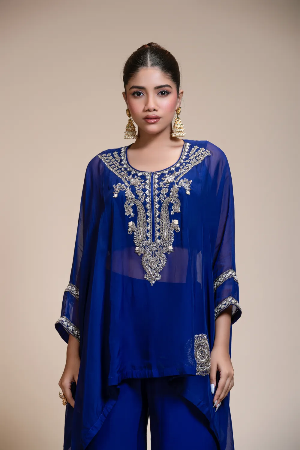 Royal Blue Kaftan Tunic & Embroidered Palazzo Ensemble — view 1 of 6