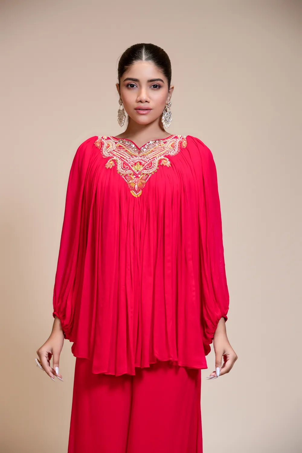 Rani Pink Palazzo Set With Embroidered Butterfly Sleeves — view 1 of 6