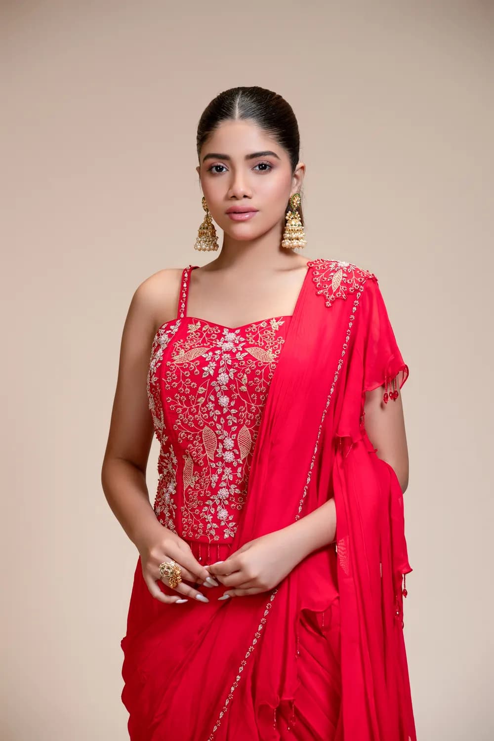 Red Ruffled Drape Saree with Sweetheart Neckline | Organza — view 1 of 6