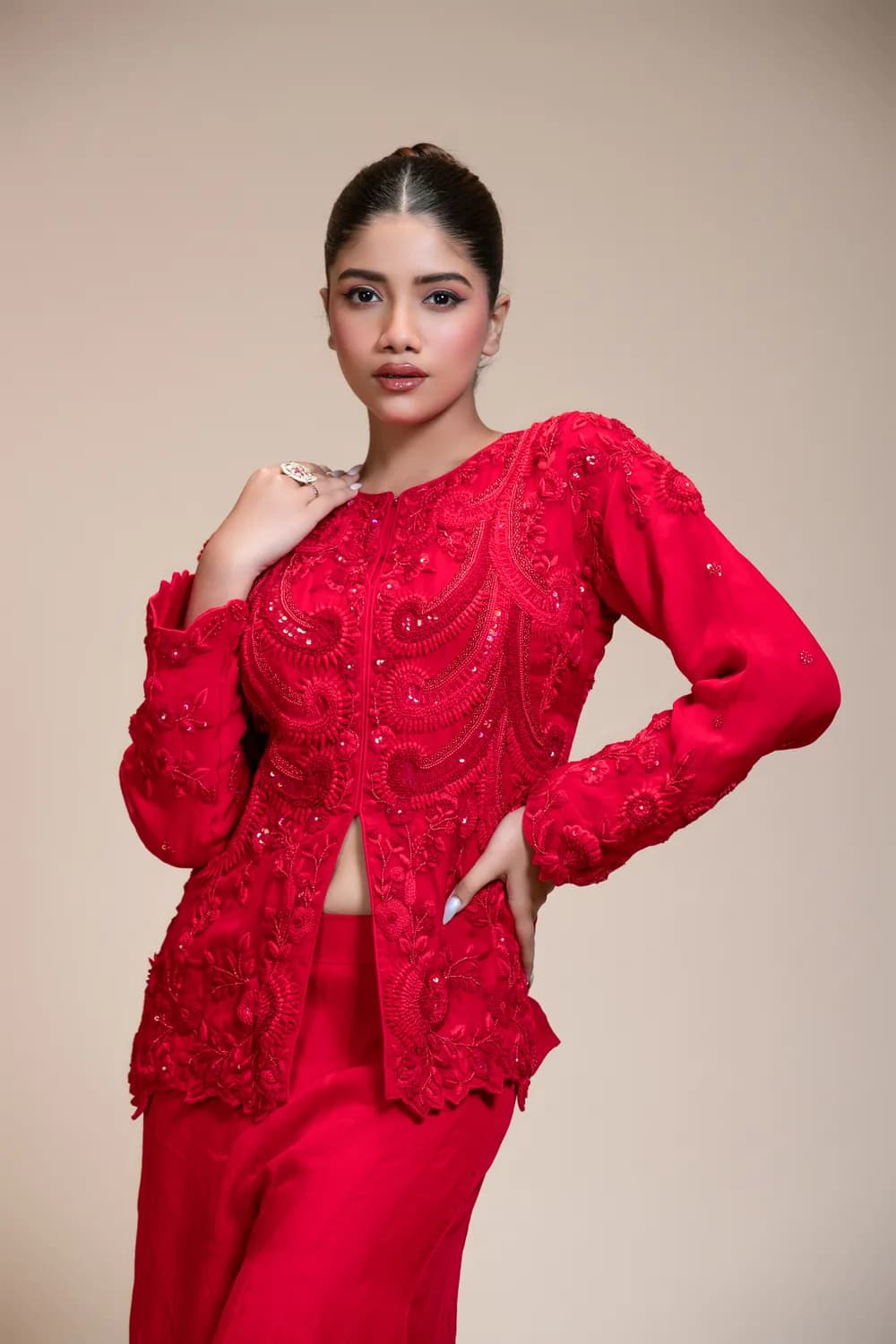 Monochrome Red Embroidered Top with Flared Palazzo Set — view 1 of 7