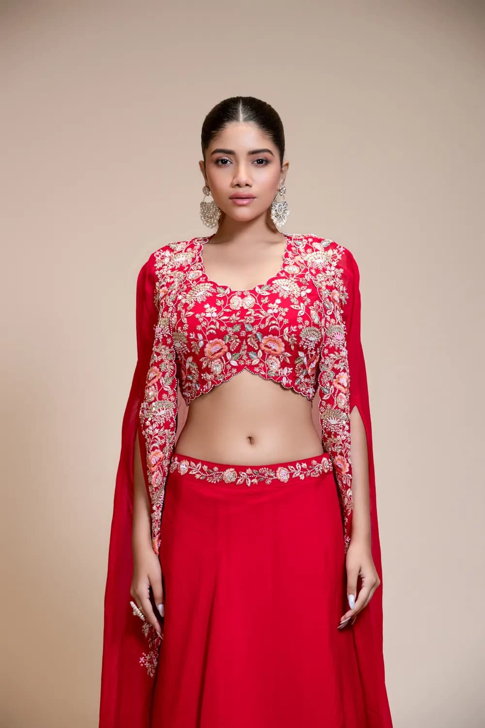 Red Lehenga Skirt with Multi-Colour Embroidered Crop Top & Cape — view 1 of 6