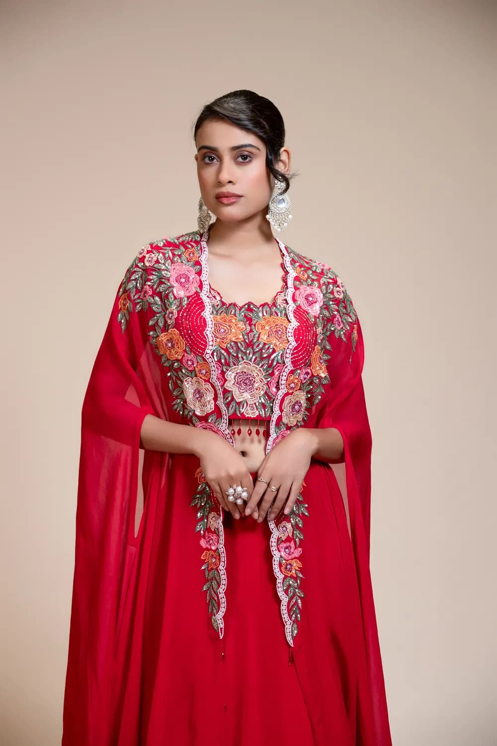 Red Lehenga Skirt With Heavy Floral Embroidered Crop Top & Cape — view 1 of 6