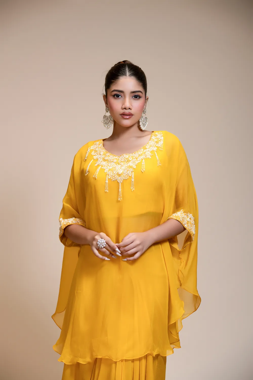 Mustard Yellow Kaftan Tunic & Hand-Embroidered Dhoti Ensemble — view 1 of 6
