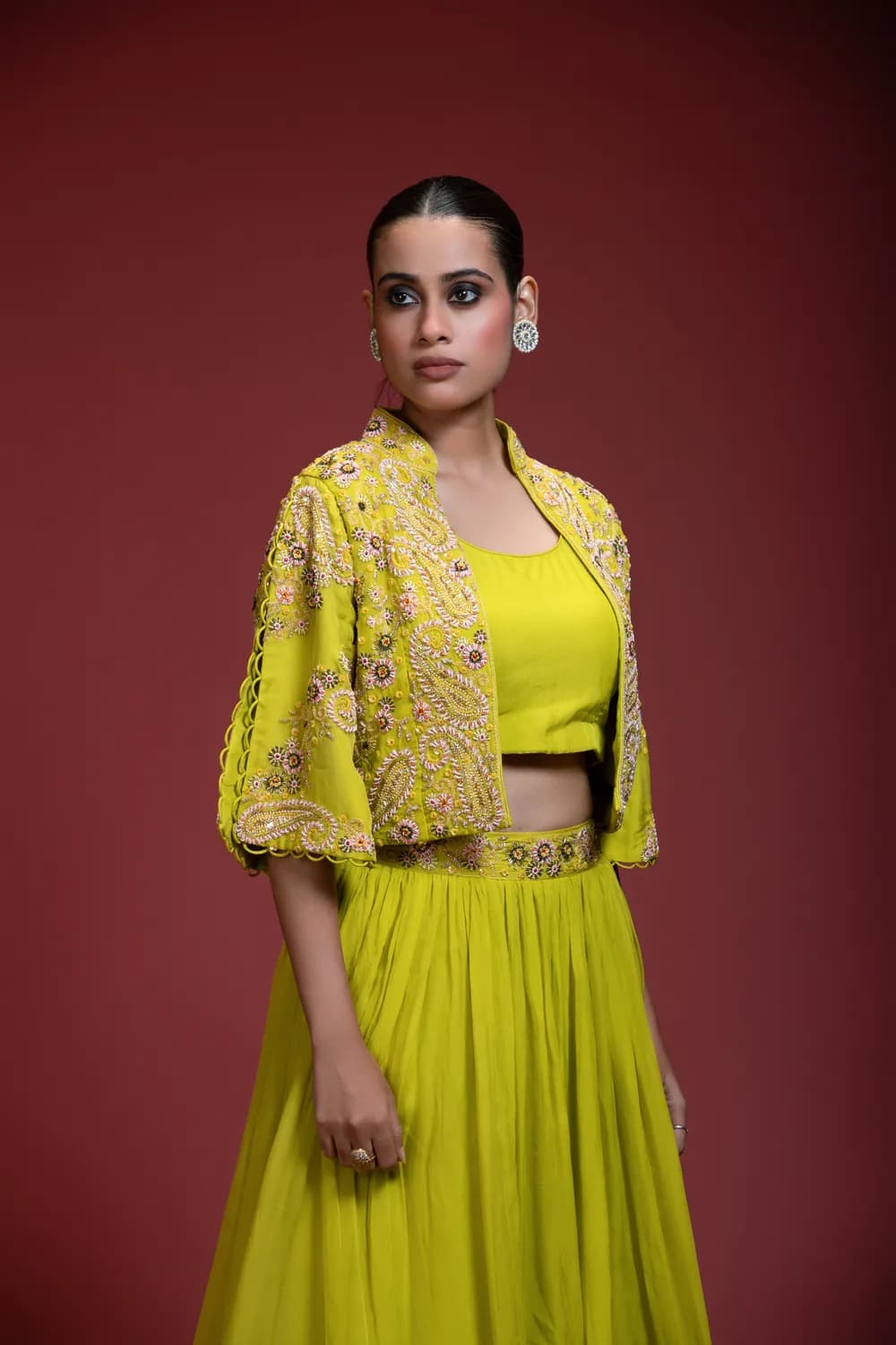 Lime Green Skirt Set With Floral Embroidered Crop Jacket — view 1 of 6