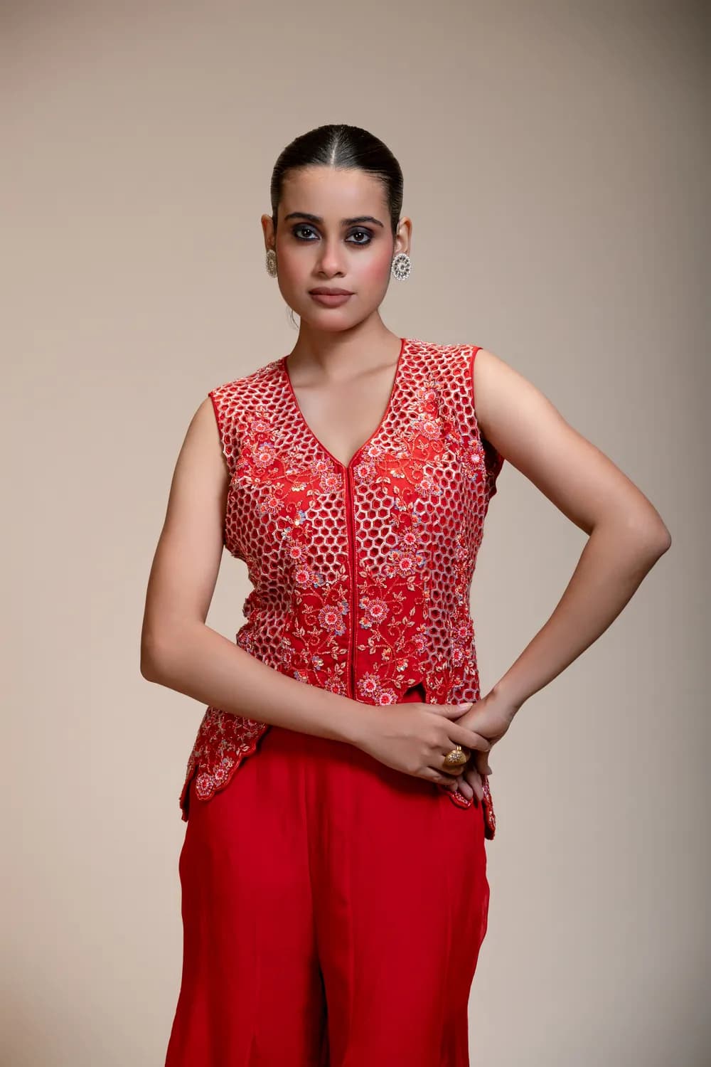 Rust Orange Crop Top Set with Flared Pants and Scalloped Embroidery — view 1 of 6