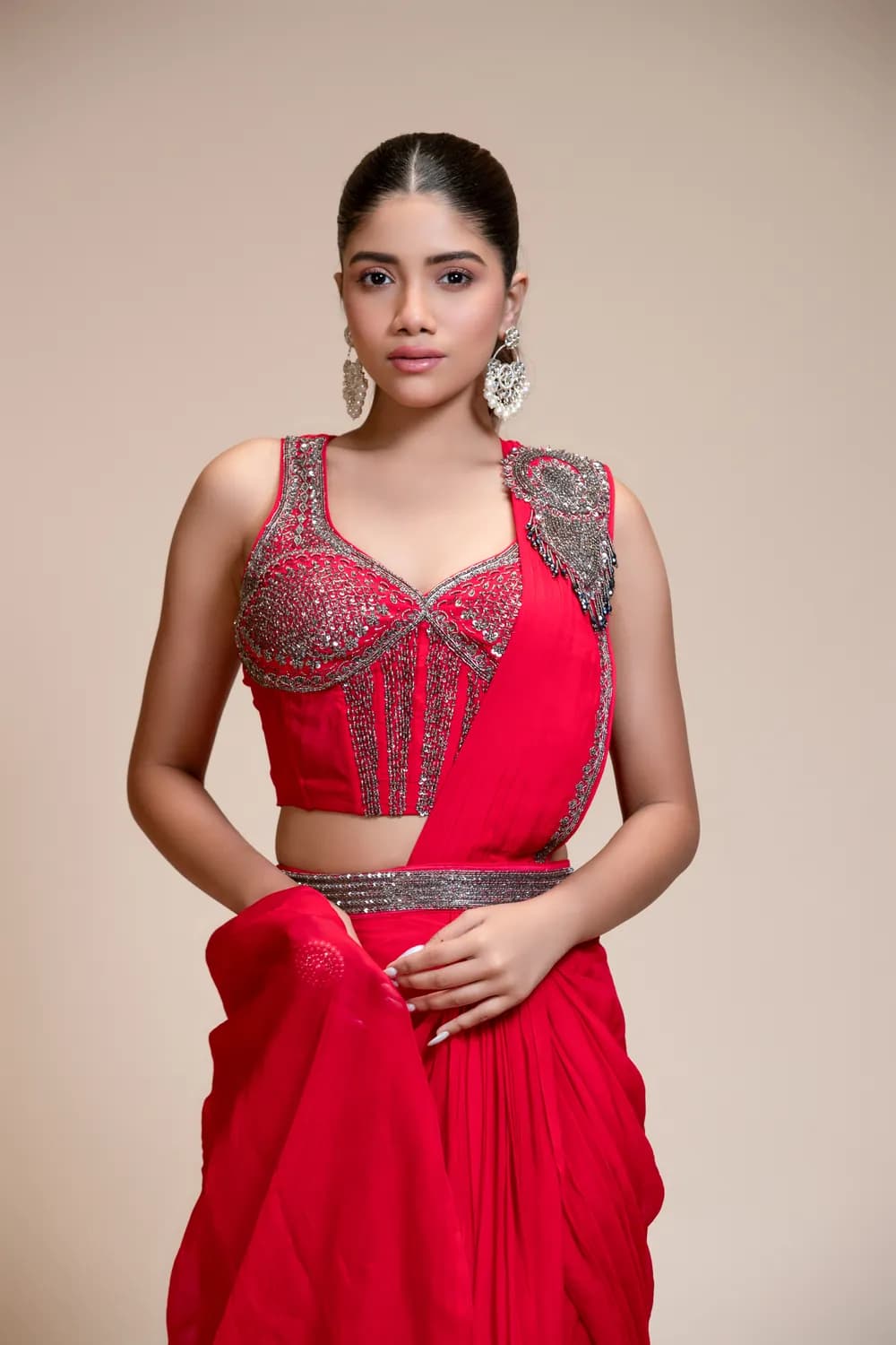 Red Drape Saree With Embroidered Corset Blouse — view 1 of 6