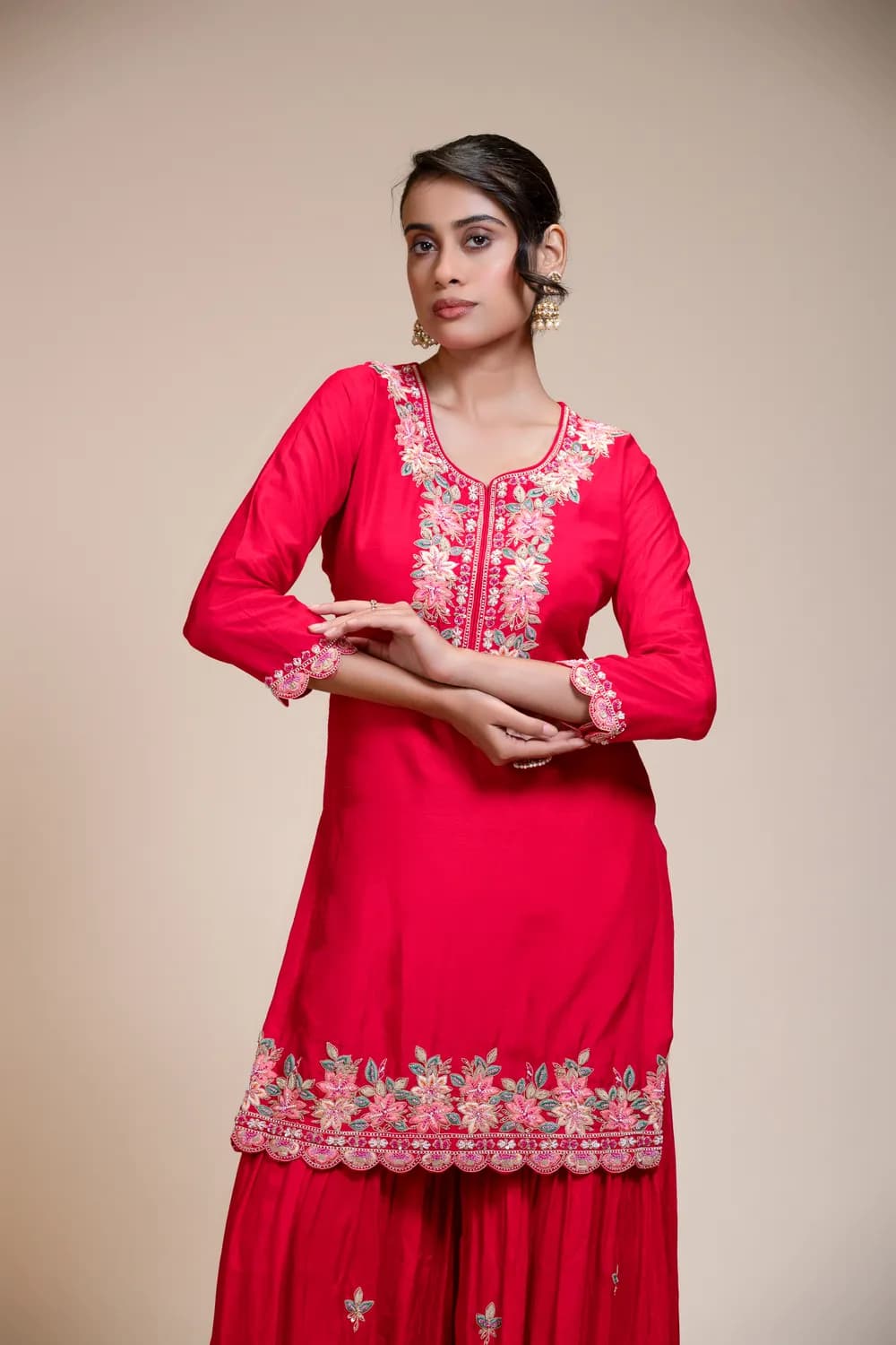 Rani Pink Kurta Gharara Dupatta Set with Floral Embroidery — view 1 of 6