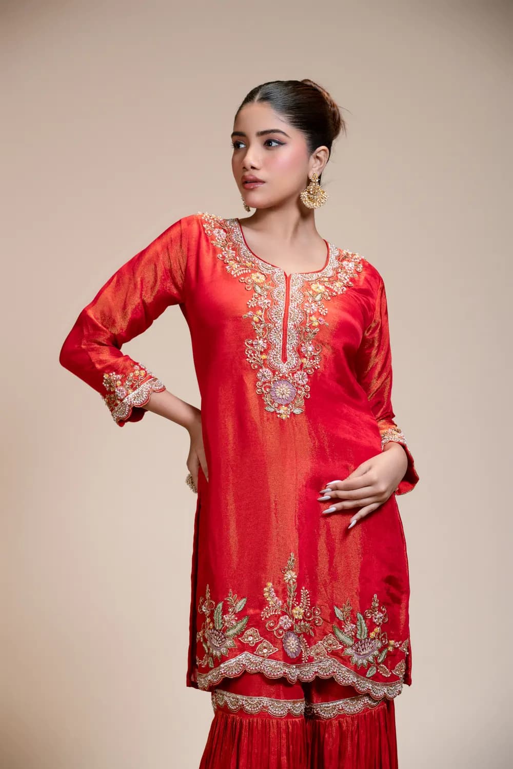 Rust Orange Kurta Gharara Dupatta Set with Floral Embroidery — view 1 of 6