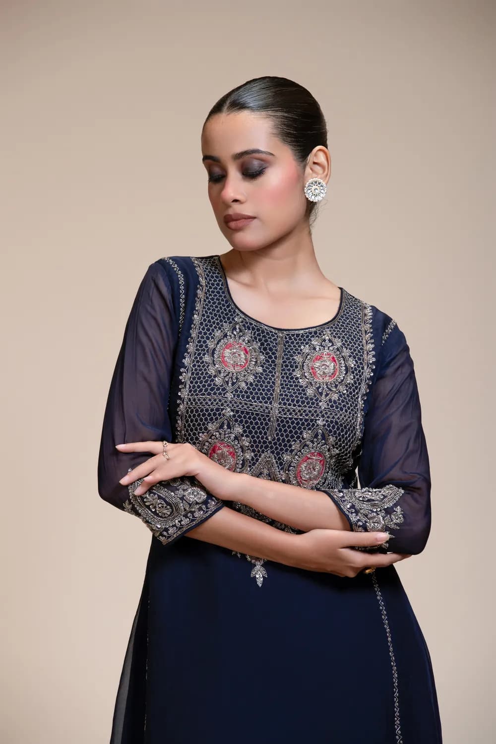 Midnight Blue Kurta Sharara Set with Silver Embroidered Bodice — view 1 of 6