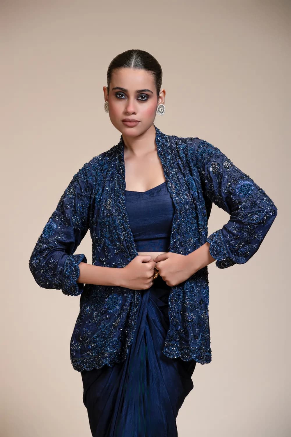 Midnight Blue Dhoti Set with Heavily Embellished Dola Silk Jacket — view 1 of 6