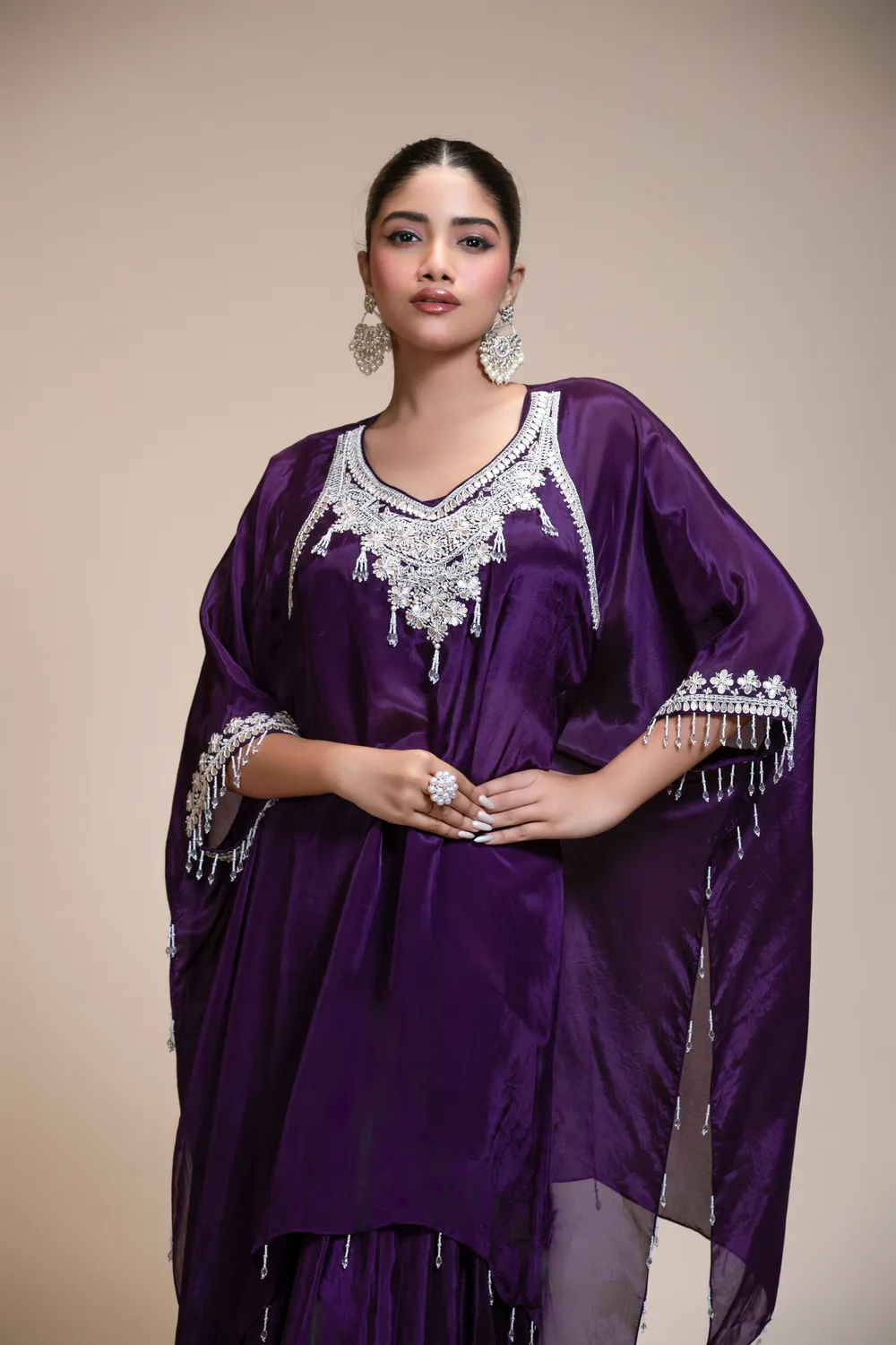 Purple Kaftan Dhoti Set with Hand-Embroidered Salma-Dabka Work — view 1 of 6