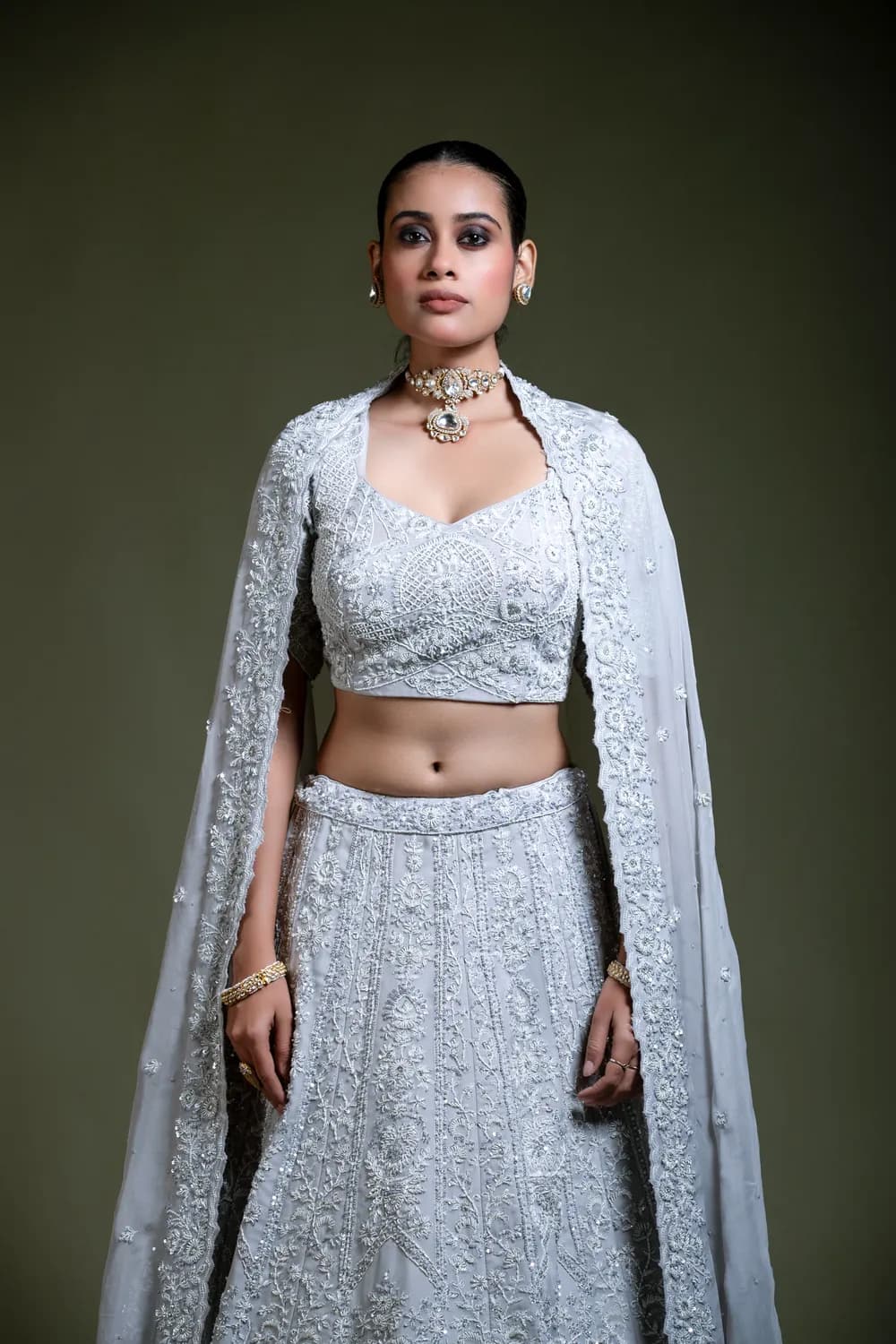 Light Grey Embroidered Lehenga Set with Blouse & Dupatta — view 1 of 6