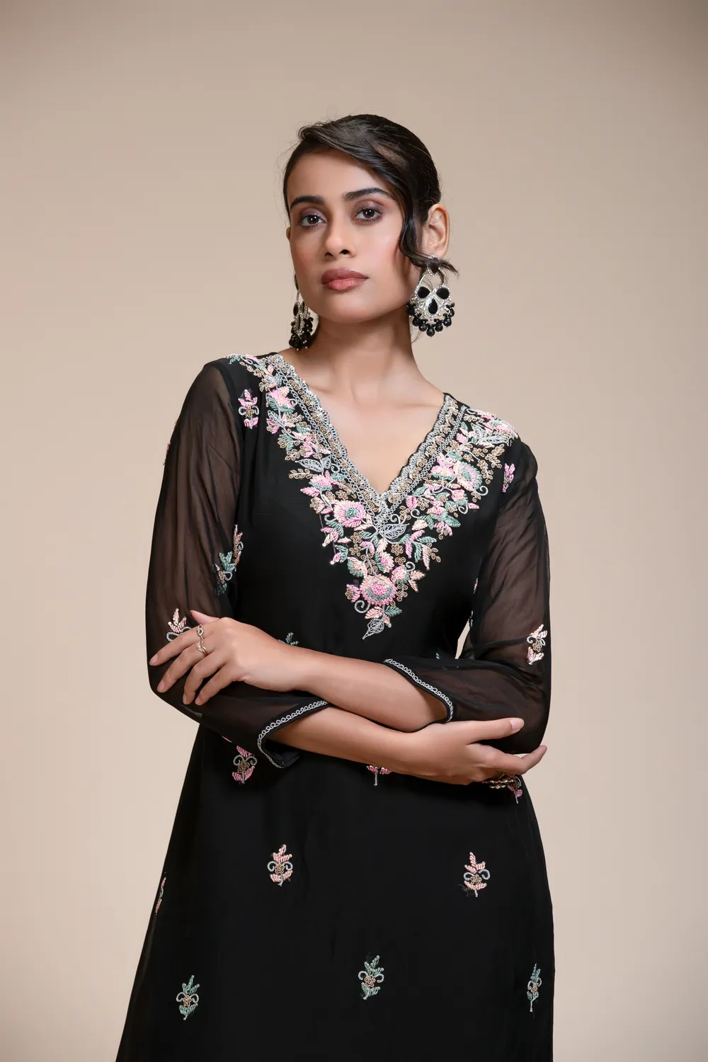 Black Embroidered Organza Kurta Set with Pastel Floral Embroidery — view 1 of 6