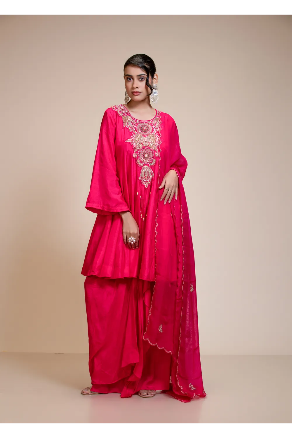 Rani Pink Short Anarkali Set with Dhoti and Dupatta — view 1 of 6