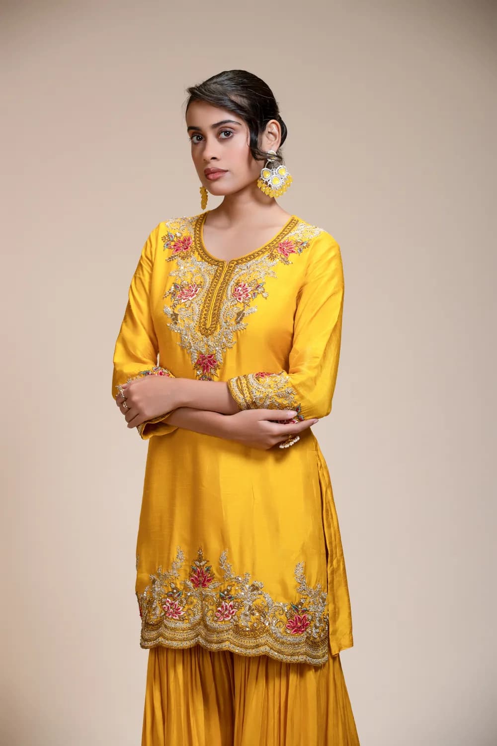 Mustard Yellow Kurta Gharara Dupatta Set with Floral Embroidery — view 1 of 6