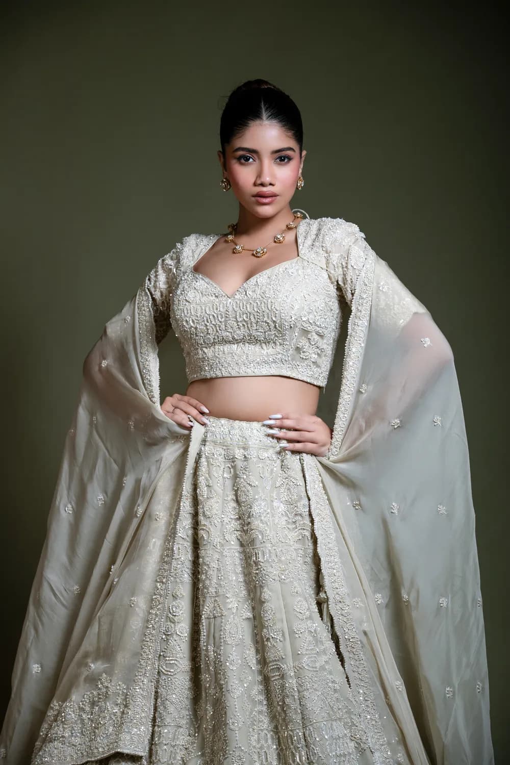 Light Ivory Embroidered Lehenga Set with Dupatta — view 1 of 6