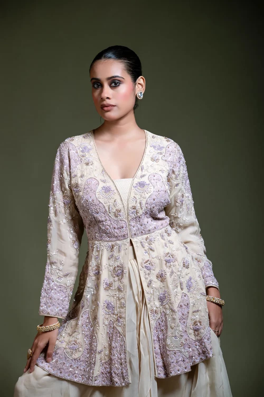 Champagne Peplum Dhoti Set with Embroidered Dupatta — view 1 of 6
