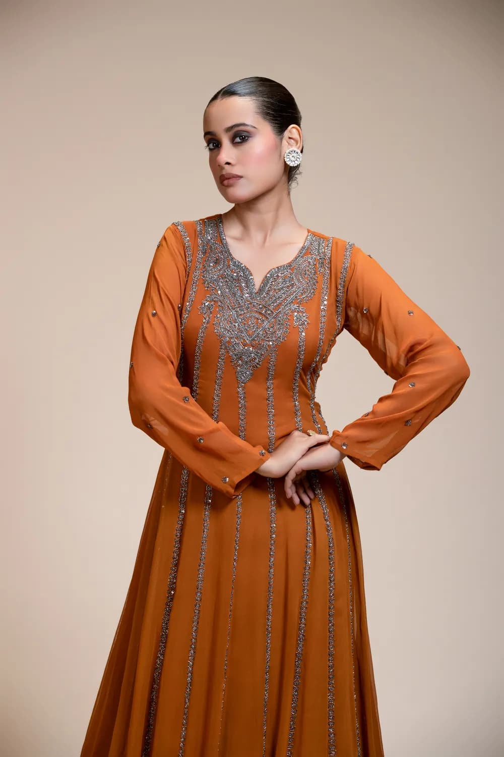 Deep Rustic Orange Anarkali Gown with Silver Embellishment — view 1 of 6