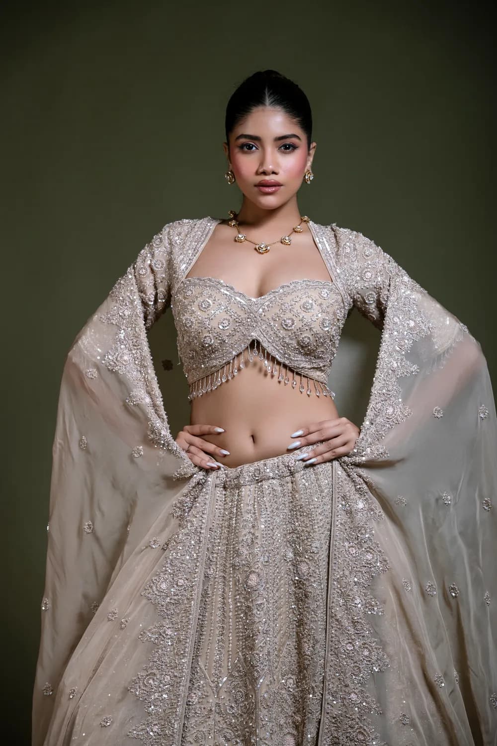 Mocha Embroidered Lehenga Set with Sweetheart Blouse — view 1 of 6