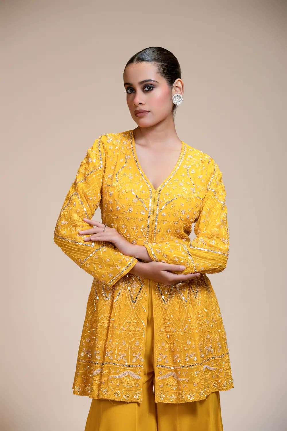 Mustard Yellow Peplum Kurti Sharara Dupatta Set with Hand Embroidery — view 1 of 6