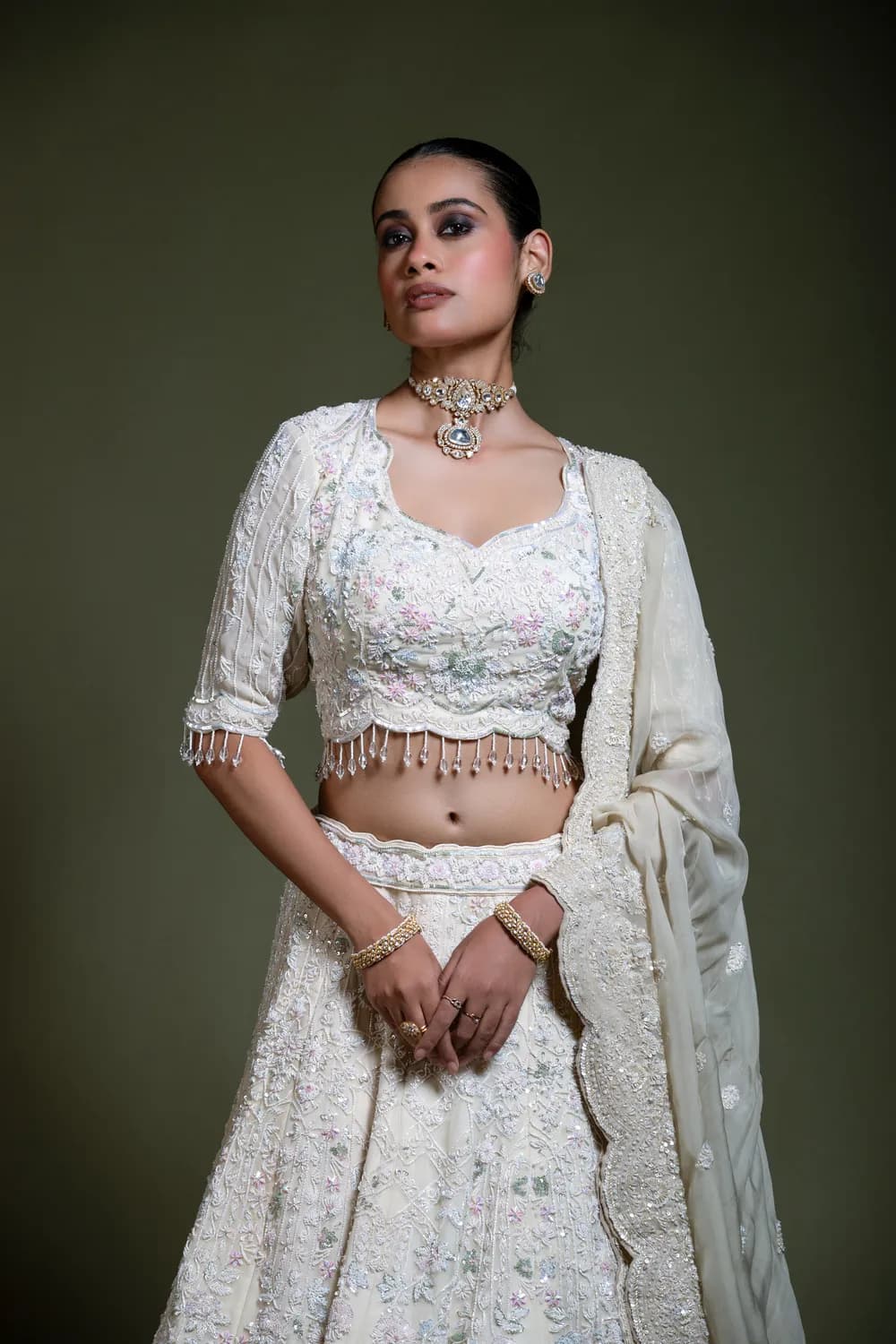 Ivory Heavily Embroidered Lehenga Set with Scalloped Dupatta — view 1 of 6