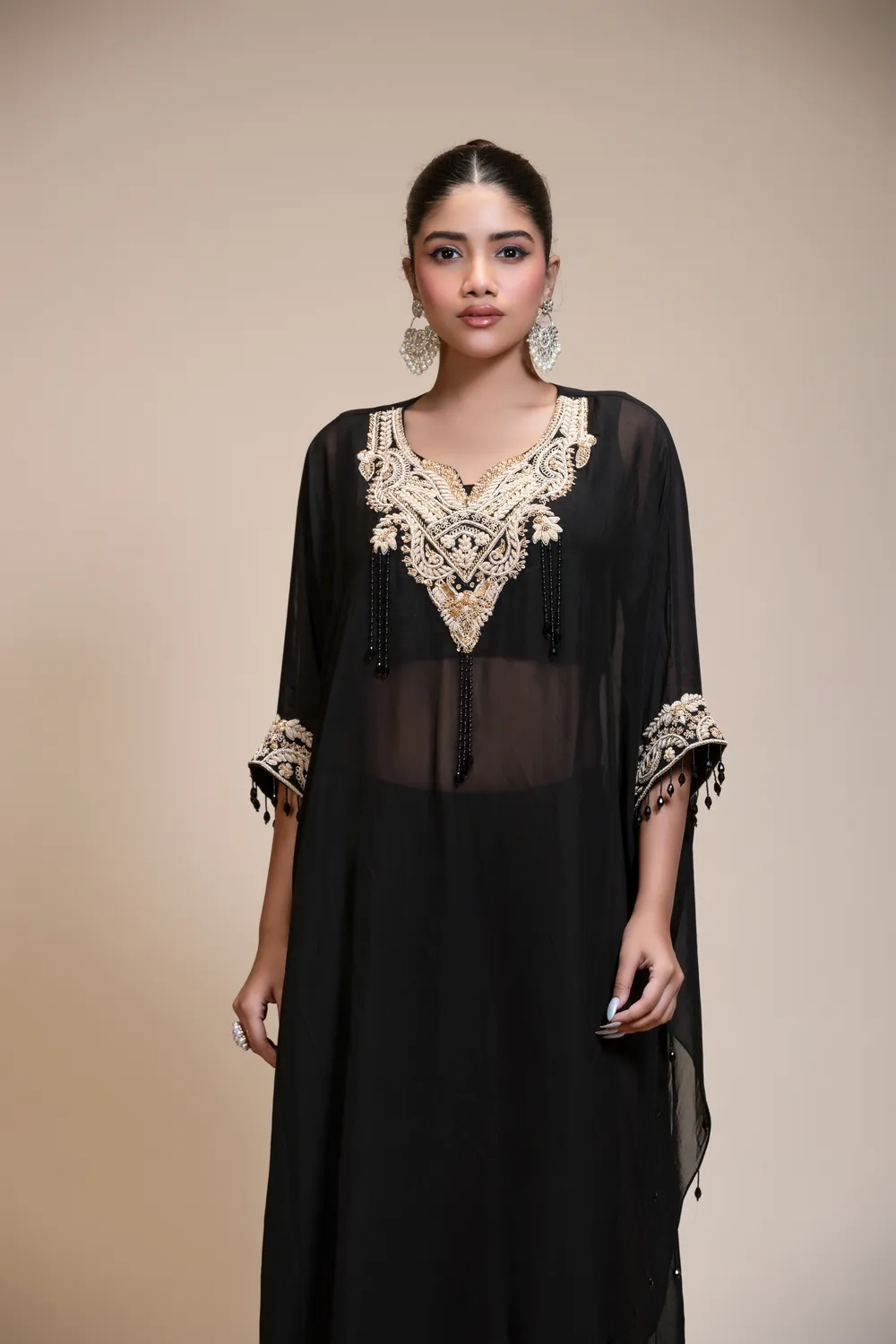 Black Kaaftaan Tunic with Dhoti Set in Embroidered Organza — view 1 of 6