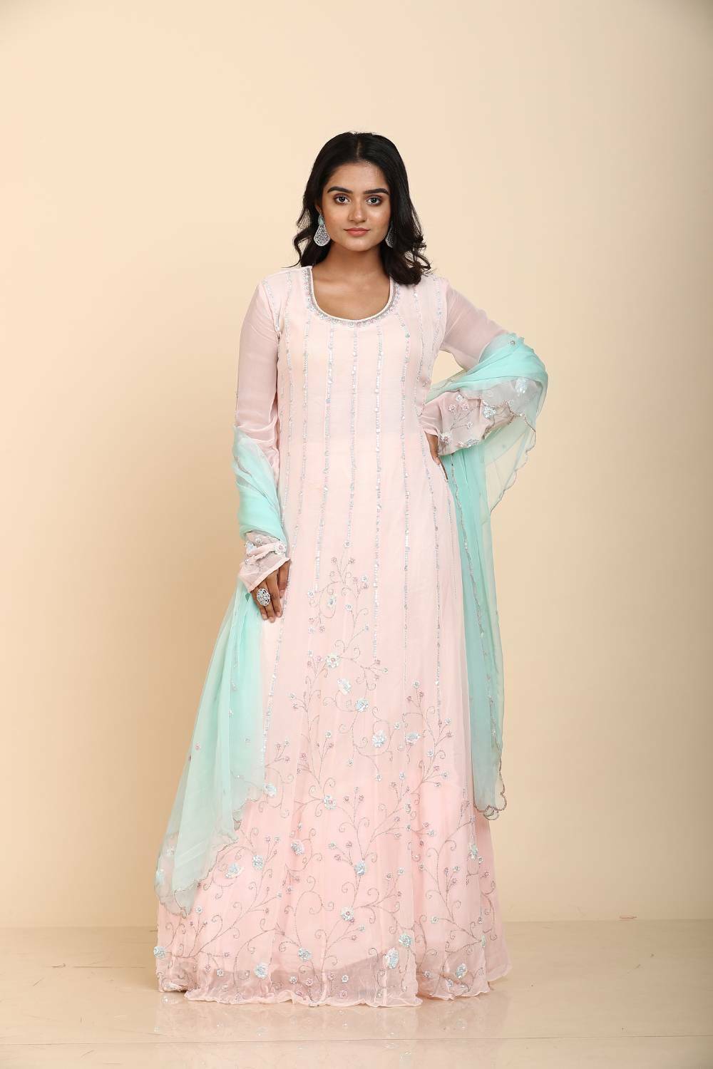 Light pink Georgette Anarkali With Multicolored Sequins
