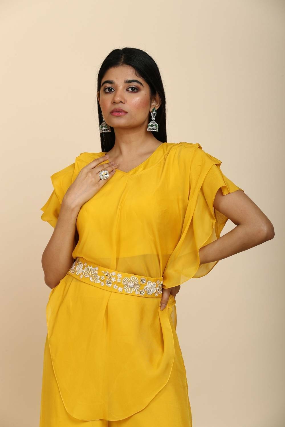Chic Yellow Top with Palazzo Set in Organza