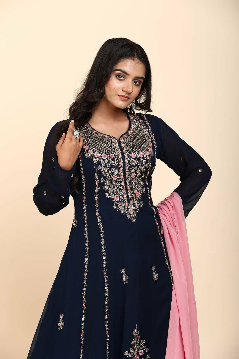 Classy Navy blue Georgette anarkali with hand embroidery using resham and zardozi work
