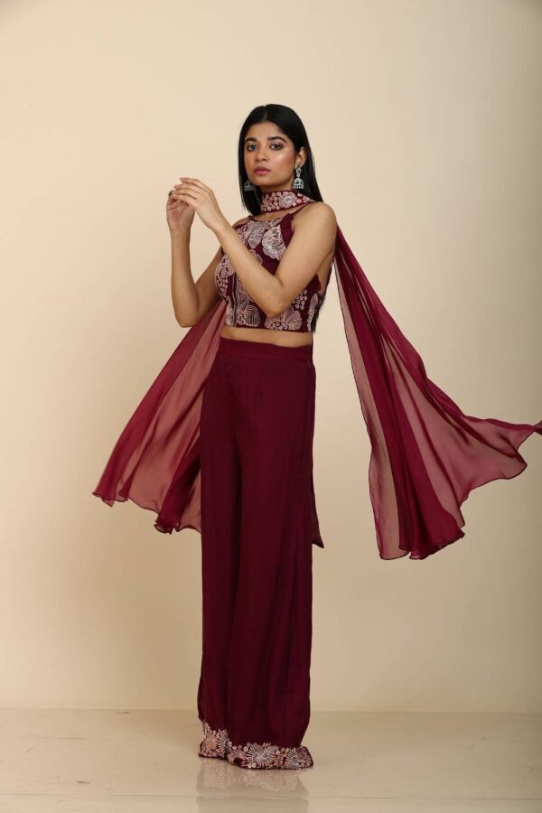 Indo Western Wine Resham Embroidery Top with Palazzo Dupatta - Image 3