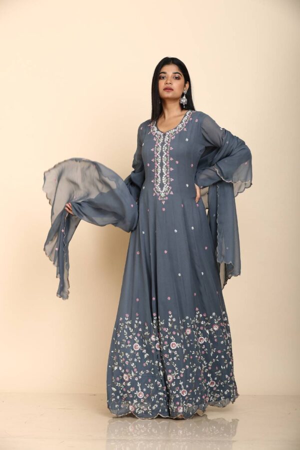 Grey Anarkali Suit with Multicoloured Sequins Embroidered Floral Design