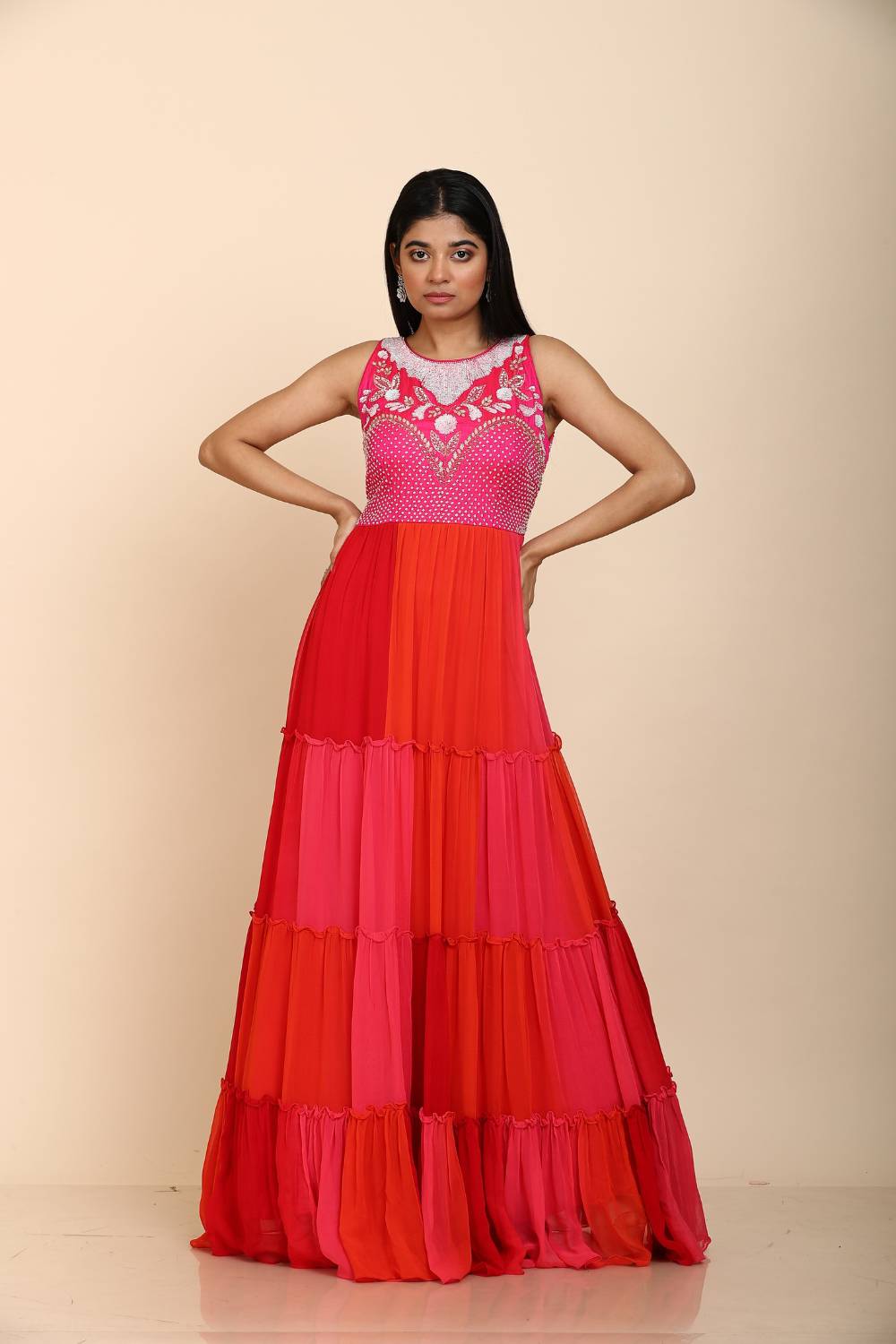 Multicolour Georgette layered gown sequins design
