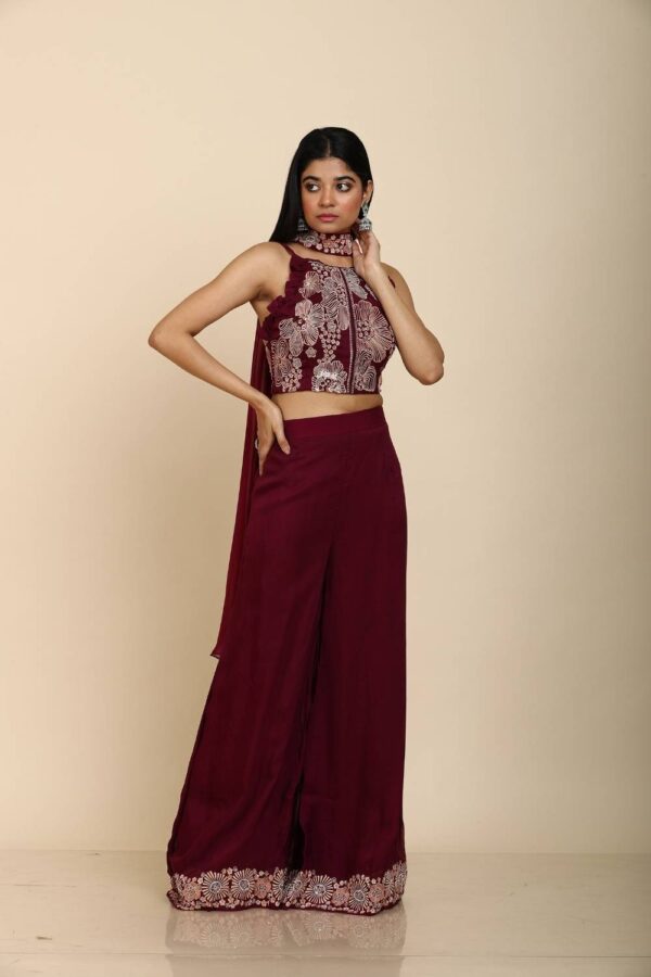 Wine Resham embroidery top with palazzo and dupatta