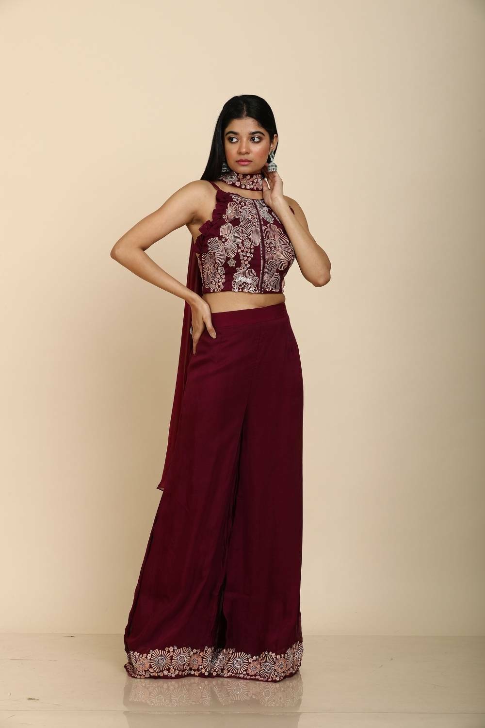 Indo Western Wine Resham embroidery top with palazzo dupatta