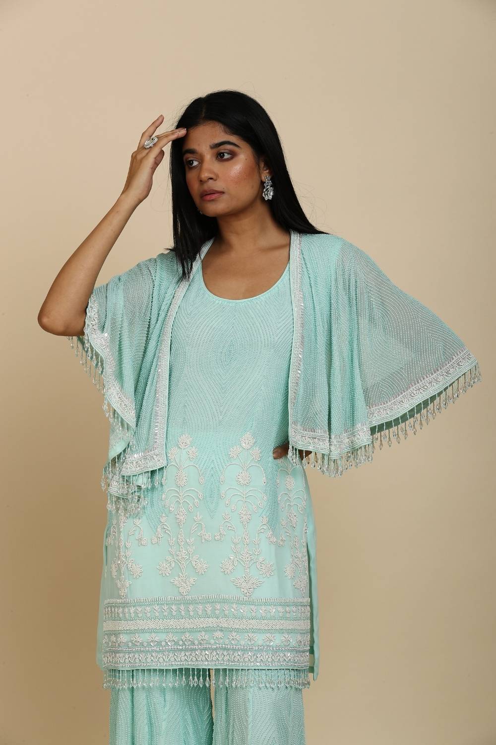 Ferozi Georgette top palazzo short Shrugs with heavy embroidery & self-coloured chid plus moti